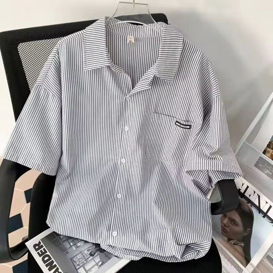 Korean Cityboy Stripe Versatile Casual Fashion Trend Classic Preppy Style Loose Premium Men's Shirt Short Sleeved Summer 2024